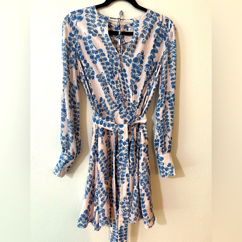 Reiss Blue and Pink Wrap mini Sundress with Bishop Sleeves size 4